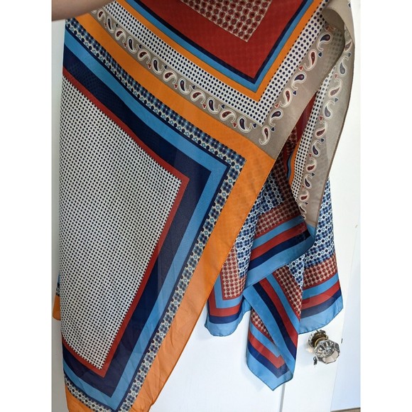 Large Rectangular Silky Scarf Multicolor Geometric Color Block Blue Rust 35X72" - Picture 3 of 11